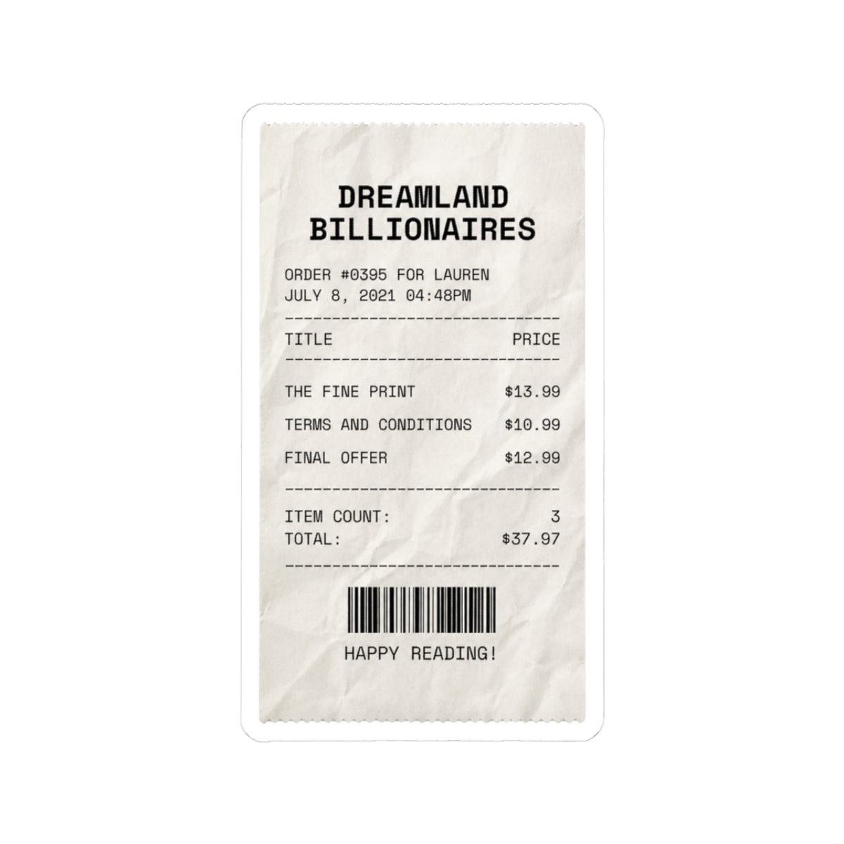 dreamland billionaires lauren asher bookstore receipt